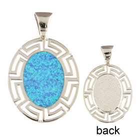 The Neptune Collection - Sterling Silver Pendant - Oval w/ Greek Key & Opal (39mm)