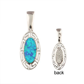 The Neptune Collection - Sterling Silver Pendant - Oval w/ Greek Key & Opal (17mm)