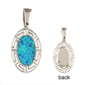 The Neptune Collection - Sterling Silver Pendant - Oval w/ Greek Key & Opal (21mm)
