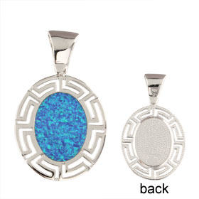The Neptune Collection - Sterling Silver Pendant - Oval w/ Greek Key & Opal (29mm)