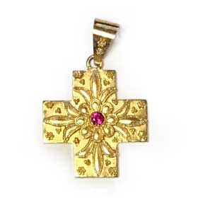 14K Gold Plated Sterling Silver Greek Orthodox Cross with Faux Ruby