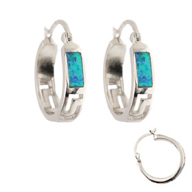 The Neptune Collection - Sterling Silver Hoop Earrings - Greek Key and Opal (20mm)