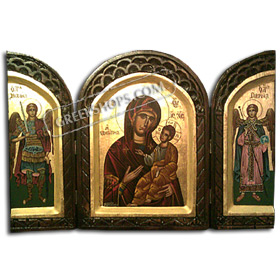 Three-Fold Hand painted icon of the Virgin Mary with Archangels Michael and Gabriel - 48 x 35 cm