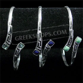 Sterling Silver Cuff Bracelet - Greek Key Motif w/ Square Stone (65mm)