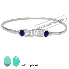 Sterling Silver Cuff Bracelet - Greek Key Motif w/ Oval Stone