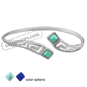 Sterling Silver Cuff Bracelet - Greek Key w/ Square Gem Stones 