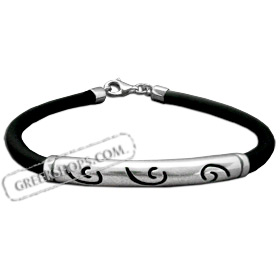 Sterling Silver Rubber Bracelet - Rounded Charm w/ Swirl Motifs