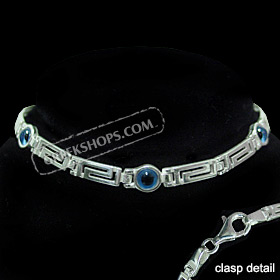 Greek Sterling Silver Mati Collection - Bracelet w/ Greek Key and 3 Mati Evil Eye (6mm)