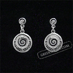 Sterling Silver Dangle Earrings - Swirl Motif w/ Greek Key Circle (17mm)