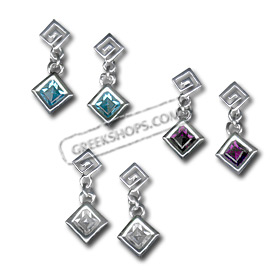 Sterling Silver Dangle Earrings - Greek Key Motif with Diamond (25mm)