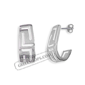 Sterling Silver Hoop Earrings - Greek Key Curve (16mm)