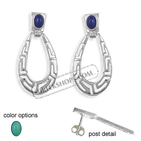 Sterling Silver Earrings - Greek Key Teardrop with Stone (35mm)