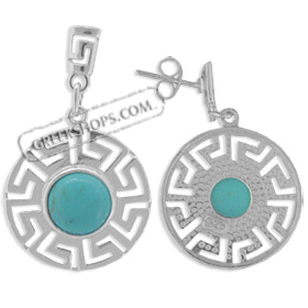Sterling Silver Earrings - Turquoise Stone with Greek Key Motif (19mm)