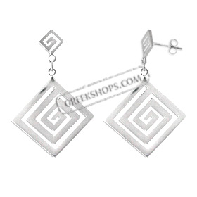 Sterling Silver Earrings - Double Greek Key Motif Diamond (25mm)