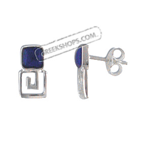 Sterling Silver Earrings - Greek Key Post w/ Blue Stone (13mm)