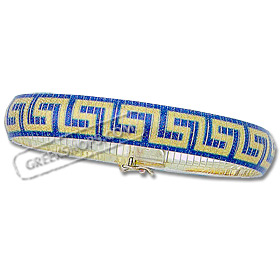 Platinum-Plated Sterling Silver Bracelet - Greek Key Laser Print Blue and Gold (12mm)