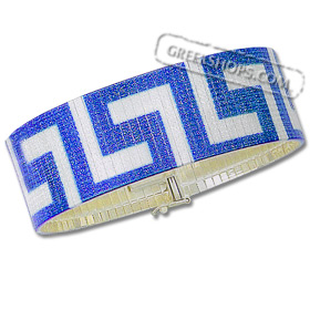 Platinum-Plated Sterling Silver Bracelet - Greek Key Laser Print Blue and Silver (24mm)