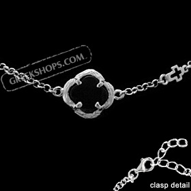 Platinum Plated Sterling Silver Bracelet - Floral Charm w/ Onyx Stone & Cross