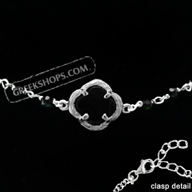Platinum Plated Sterling Silver Bracelet - Floral Charm w/ Onyx Stone & Onyx Beads