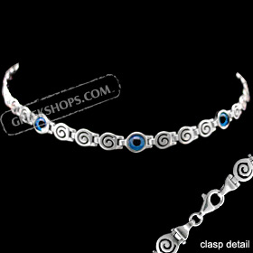 Greek Sterling Silver Mati Collection - Bracelet w/ Greek Key and 3 Mati Evil Eye (6mm)