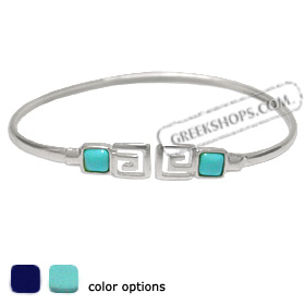 Sterling Silver Cuff Bracelet - Greek Key Motif w/ Square Stone