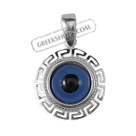 Greek Sterling Silver Mati Collection - Round Pendant Open Greek Key (18mm)
