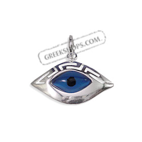 Greek Sterling Silver Mati Collection - Eye Shaped Pendant Greek Key (26mm)
