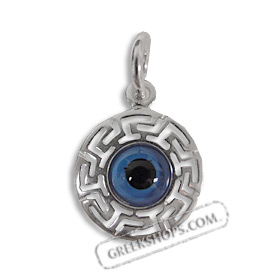 Greek Sterling Silver Mati Collection - Round Pendant Greek Key Small (15mm)