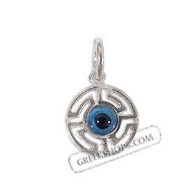 Greek Sterling Silver Mati Collection - Round Pendant Greek Key (11mm)
