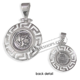 Sterling Silver Pendant - Ancient Silver Coin with Greek Key (27mm)