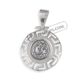 Sterling Silver Pendant - Ancient Silver Coin with Greek Key (27mm)