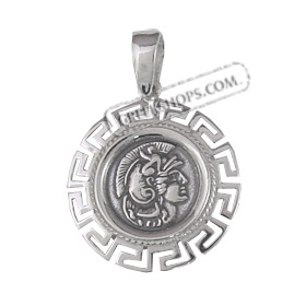 Sterling Silver Pendant - Ancient Silver Coin with Greek Key (23mm)