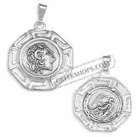 Sterling Silver Pendant - Ancient Tetradrachm Silver Coin with Greek Key Octagon (31mm)