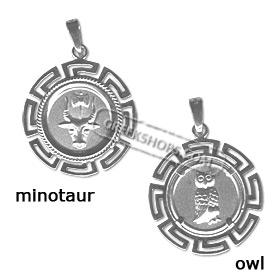 Sterling Silver Pendant - Two-Sided Circular Minotaur & Owl (22mm)