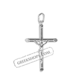 Platinum Plated Sterling Silver Pendant - Rounded Crucifix (26mm)