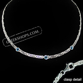 Greek Sterling Silver Mati Collection - Necklace w/ Greek Key and 3 Mati Eye (5mm)