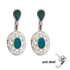 The Neptune Collection - Sterling Silver Dangle Earrings - Oval w/ Greek Key & Opal (12mm)