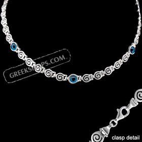 Greek Sterling Silver Mati Collection - Necklace w/ Swirl Motif and 3 Mati Evil Eye (6mm)