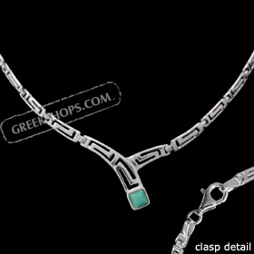 Sterling Silver Necklace - Greek Key Motif Links with Square Stone (3mm)