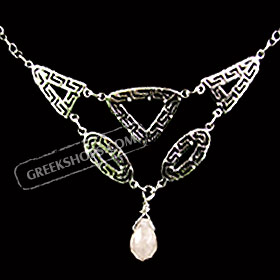 Sterling Silver Necklace with Greek Key Motif Links and Pink Quartz (20mm)
