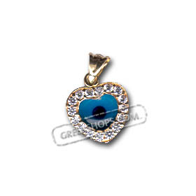 14k Gold Evil Eye Pendant - Heart-Shaped with Cubic Zirconia (12mm)
