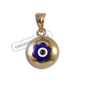 14k Gold Evil Eye Pendant - Circle Flower 2 Sided (9mm) 