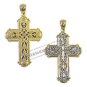14k Gold Cross Pendant - Floral Design with White Gold (38mm)