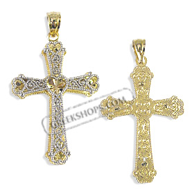 14k Gold Cross Pendant - Heart Design with White Gold and Gemstone (32mm)