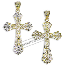 14k Gold Cross Pendant - Floral Design with White Gold (40mm)