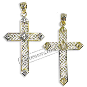 14k Gold Cross Pendant - Mesh Design with White Gold (39mm)