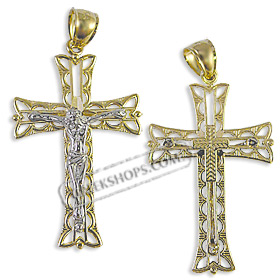 14k Gold Cross Pendant - Crucifix with White Gold (37mm)