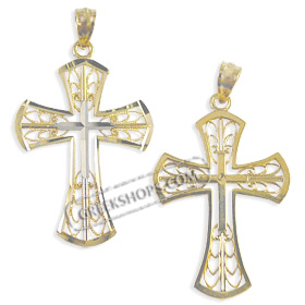 14k Gold Cross Pendant - Floral with White Gold (32mm)