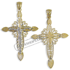14k Gold Cross Pendant - Crucifix with White Gold (42mm)
