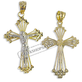 14k Gold Cross Pendant - Crucifix with White Gold (37mm)